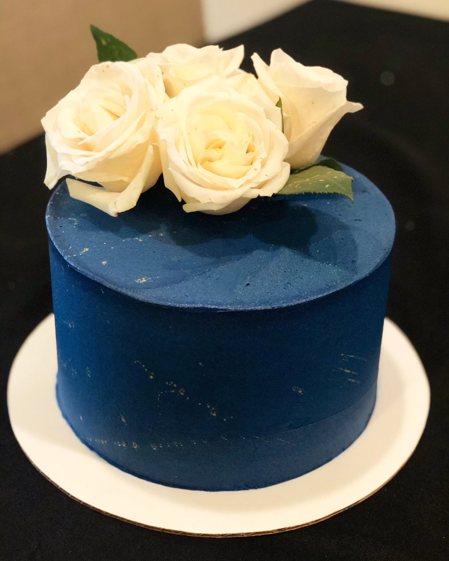 White and Navy Floral Cake